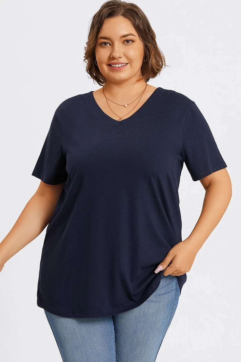 Plus Size Navy Blue V-Neck Loose Fit Basic Top 5 Plus Size Navy Blue V-Neck Loose Fit Basic Top - Image 3
