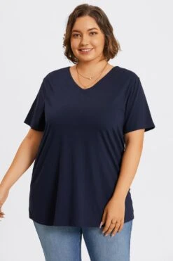 Plus Size Navy Blue V-Neck Loose Fit Basic Top