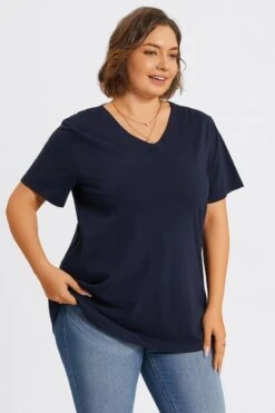 Plus Size Navy Blue V-Neck Loose Fit Basic Top 11 Plus Size Navy Blue V-Neck Loose Fit Basic Top -Luna Marina Store c topbc025002 5