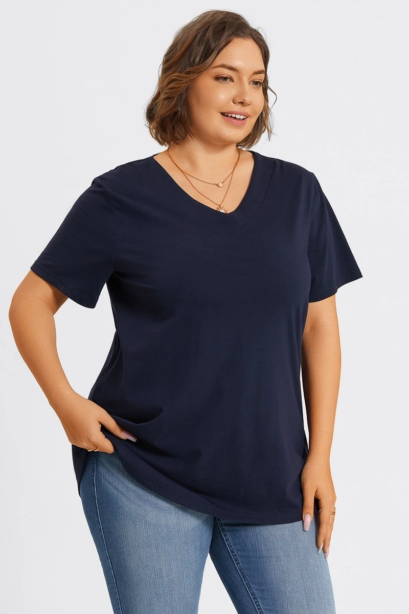 Plus Size Navy Blue V-Neck Loose Fit Basic Top 6 Plus Size Navy Blue V-Neck Loose Fit Basic Top - Image 4