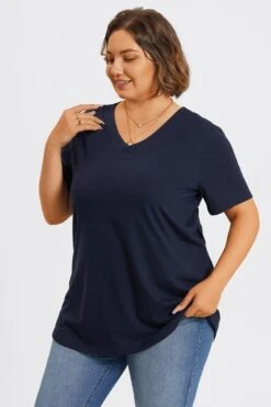 Plus Size Navy Blue V-Neck Loose Fit Basic Top 13 Plus Size Navy Blue V-Neck Loose Fit Basic Top -Luna Marina Store c topbc025002 6