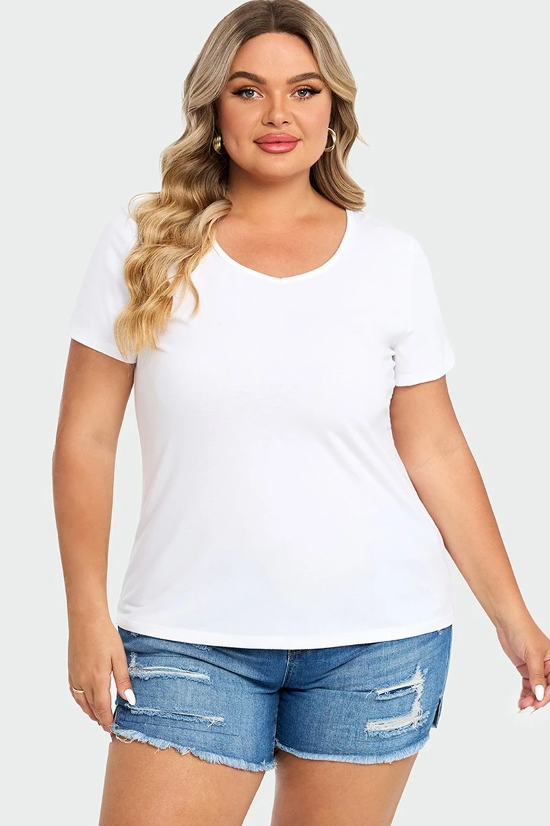 Plus Size White Short Sleeve Basic V-Neck Top 3 Plus Size White Short Sleeve Basic V-Neck Top