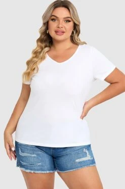Plus Size White Short Sleeve Basic V-Neck Top 11 Plus Size White Short Sleeve Basic V-Neck Top -Luna Marina Store c topbc025003 3