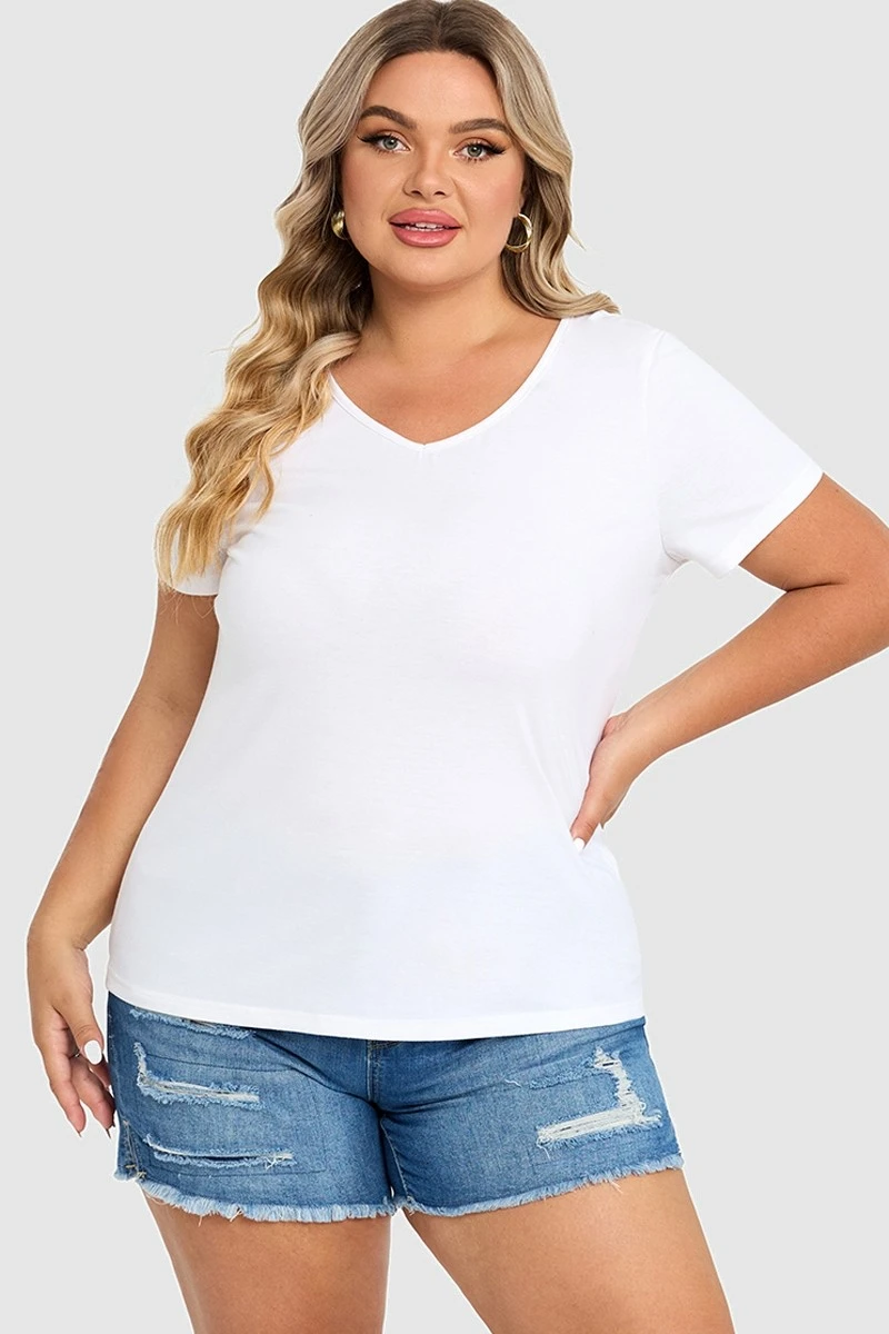 Plus Size White Short Sleeve Basic V-Neck Top 6 Plus Size White Short Sleeve Basic V-Neck Top - Image 4