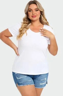 Plus Size White Short Sleeve Basic V-Neck Top 10 Plus Size White Short Sleeve Basic V-Neck Top -Luna Marina Store c topbc025003 4