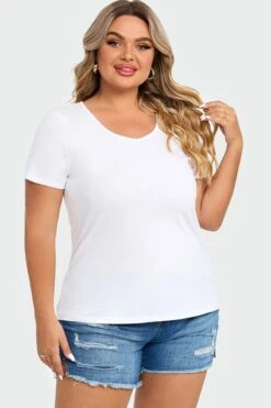Plus Size White Short Sleeve Basic V-Neck Top 12 Plus Size White Short Sleeve Basic V-Neck Top -Luna Marina Store c topbc025003 5
