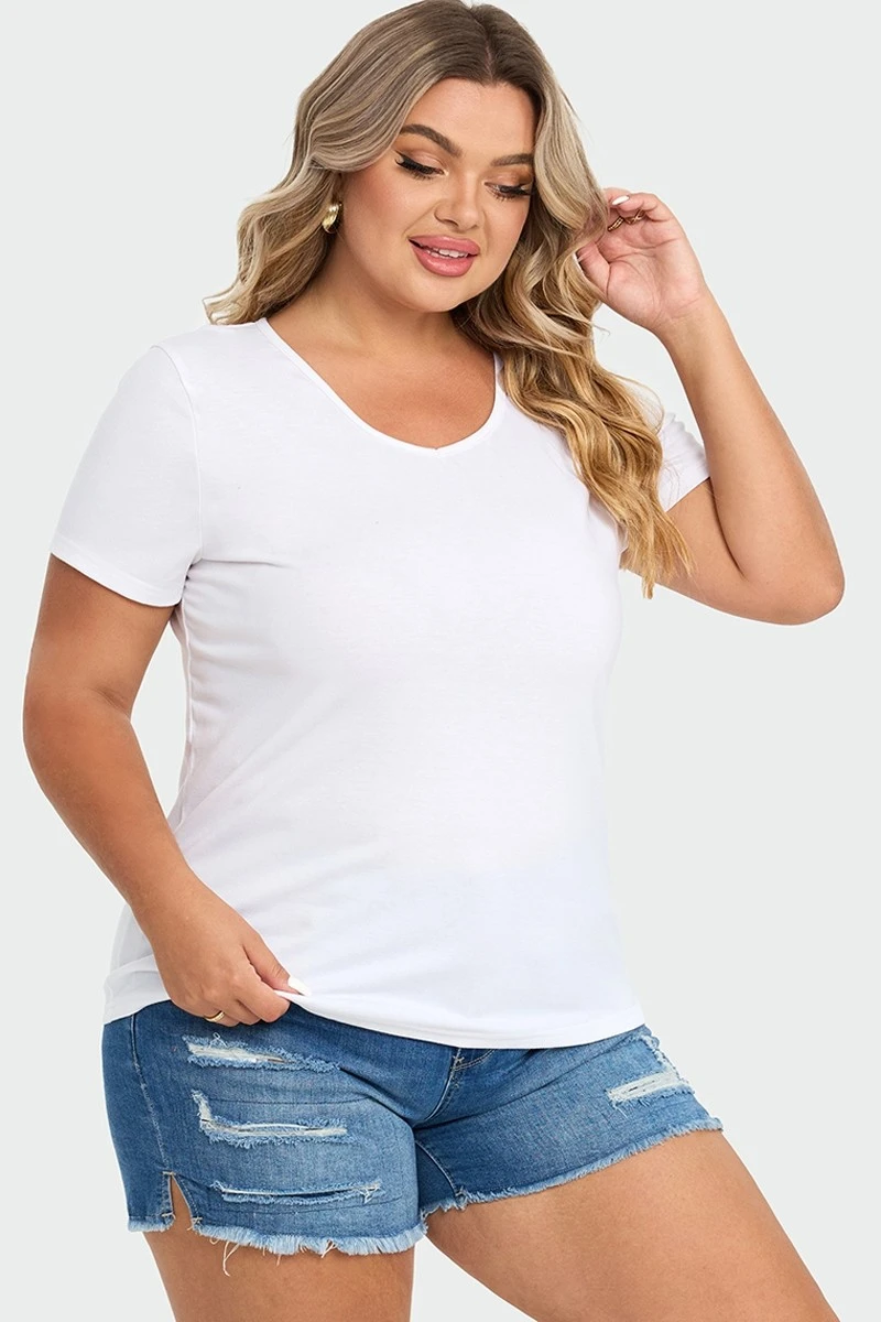 Plus Size White Short Sleeve Basic V-Neck Top 8 Plus Size White Short Sleeve Basic V-Neck Top - Image 6