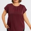 Plus Size Burgundy Round Neck Cap Sleeve Blouse 2 Plus Size Burgundy Round Neck Cap Sleeve Blouse -Luna Marina Store c topbc026001 1