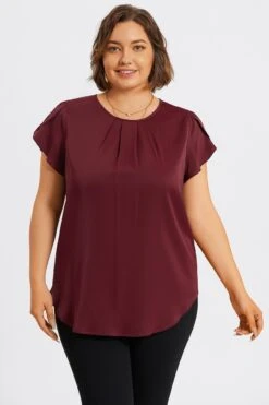 Plus Size Burgundy Round Neck Cap Sleeve Blouse 10 Plus Size Burgundy Round Neck Cap Sleeve Blouse -Luna Marina Store c topbc026001 3