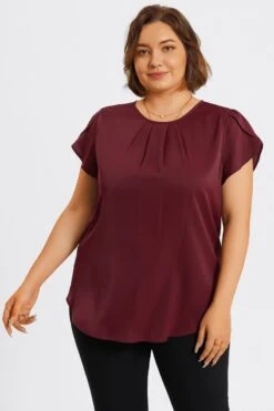 Plus Size Burgundy Round Neck Cap Sleeve Blouse 11 Plus Size Burgundy Round Neck Cap Sleeve Blouse -Luna Marina Store c topbc026001 4