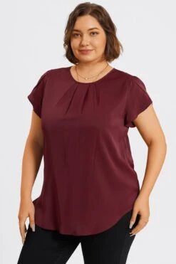 Plus Size Burgundy Round Neck Cap Sleeve Blouse 12 Plus Size Burgundy Round Neck Cap Sleeve Blouse -Luna Marina Store c topbc026001 5
