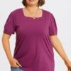 Plus Size Purple Square Neck Puff Sleeve Tops -Luna Marina Store c topbc027001 1