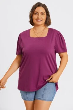 Plus Size Purple Square Neck Puff Sleeve Tops -Luna Marina Store c topbc027001 3