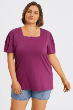 Plus Size Purple Square Neck Puff Sleeve Tops -Luna Marina Store c topbc027001 4
