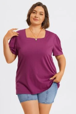 Plus Size Purple Square Neck Puff Sleeve Tops -Luna Marina Store c topbc027001 5