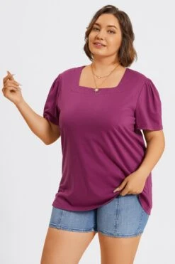 Plus Size Purple Square Neck Puff Sleeve Tops -Luna Marina Store c topbc027001 6