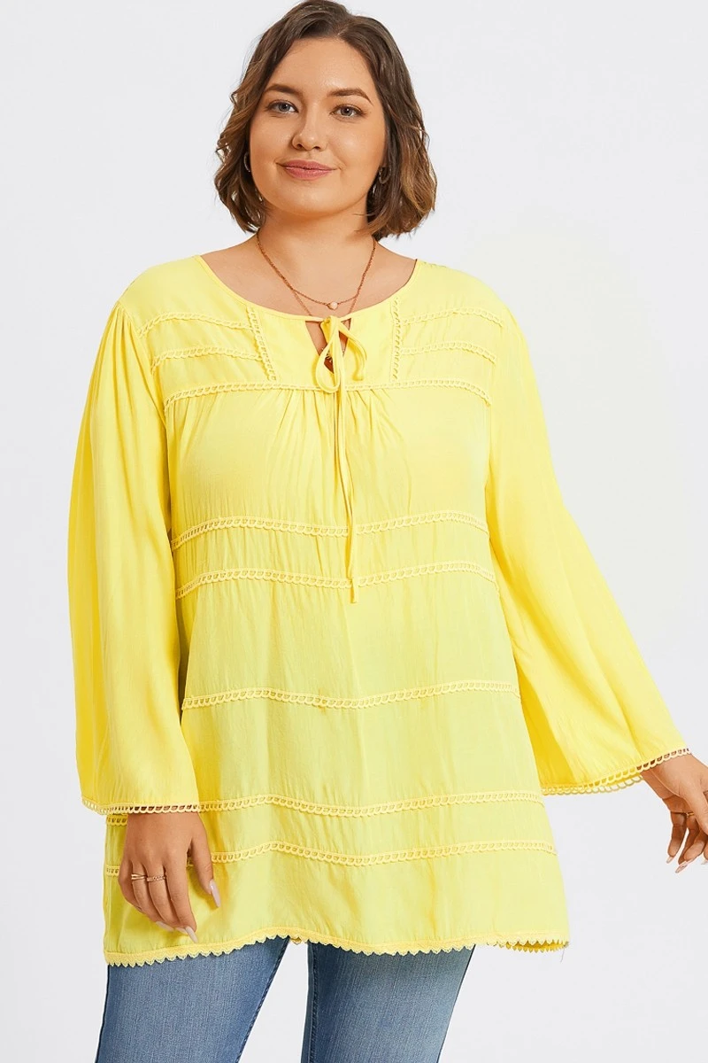 Plus Size Yellow Tie Neck Long Sleeve Blouse 3 Plus Size Yellow Tie Neck Long Sleeve Blouse