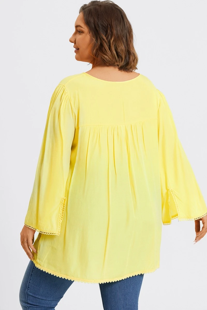 Plus Size Yellow Tie Neck Long Sleeve Blouse 4 Plus Size Yellow Tie Neck Long Sleeve Blouse - Image 2
