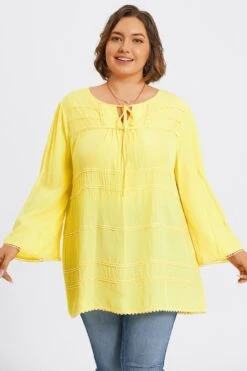 Plus Size Yellow Tie Neck Long Sleeve Blouse 10 Plus Size Yellow Tie Neck Long Sleeve Blouse -Luna Marina Store c topbc028001 3