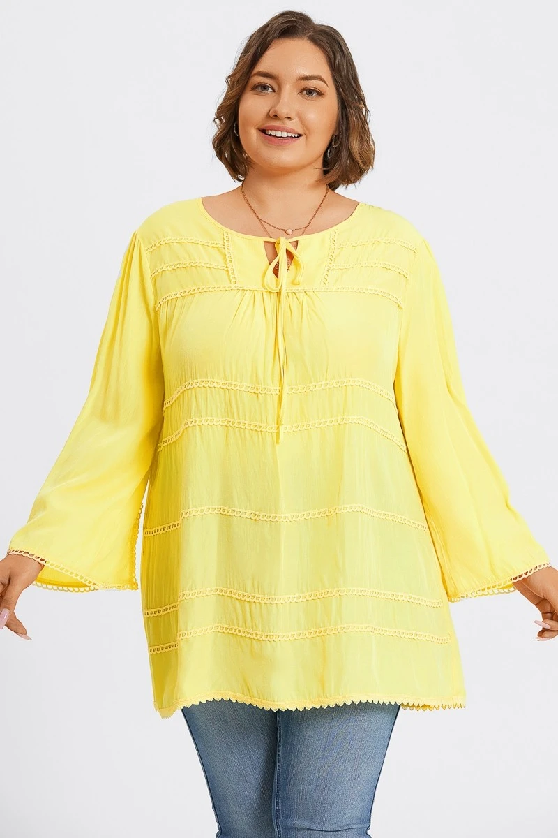 Plus Size Yellow Tie Neck Long Sleeve Blouse 5 Plus Size Yellow Tie Neck Long Sleeve Blouse - Image 3