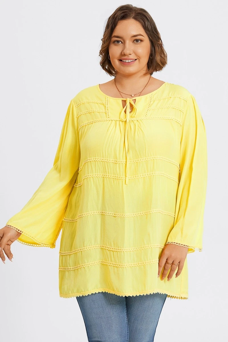 Plus Size Yellow Tie Neck Long Sleeve Blouse 6 Plus Size Yellow Tie Neck Long Sleeve Blouse - Image 4