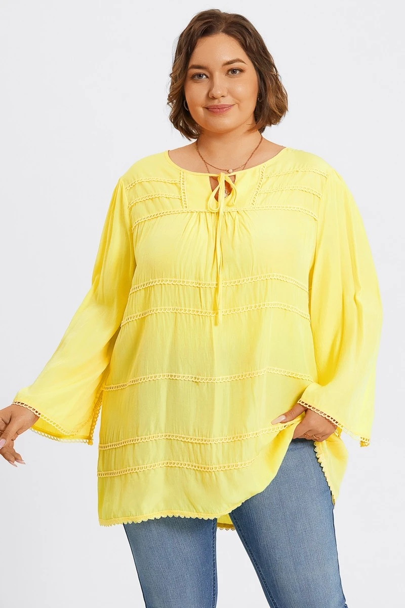 Plus Size Yellow Tie Neck Long Sleeve Blouse 7 Plus Size Yellow Tie Neck Long Sleeve Blouse - Image 5