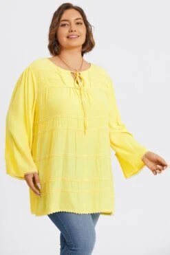 Plus Size Yellow Tie Neck Long Sleeve Blouse 13 Plus Size Yellow Tie Neck Long Sleeve Blouse -Luna Marina Store c topbc028001 6