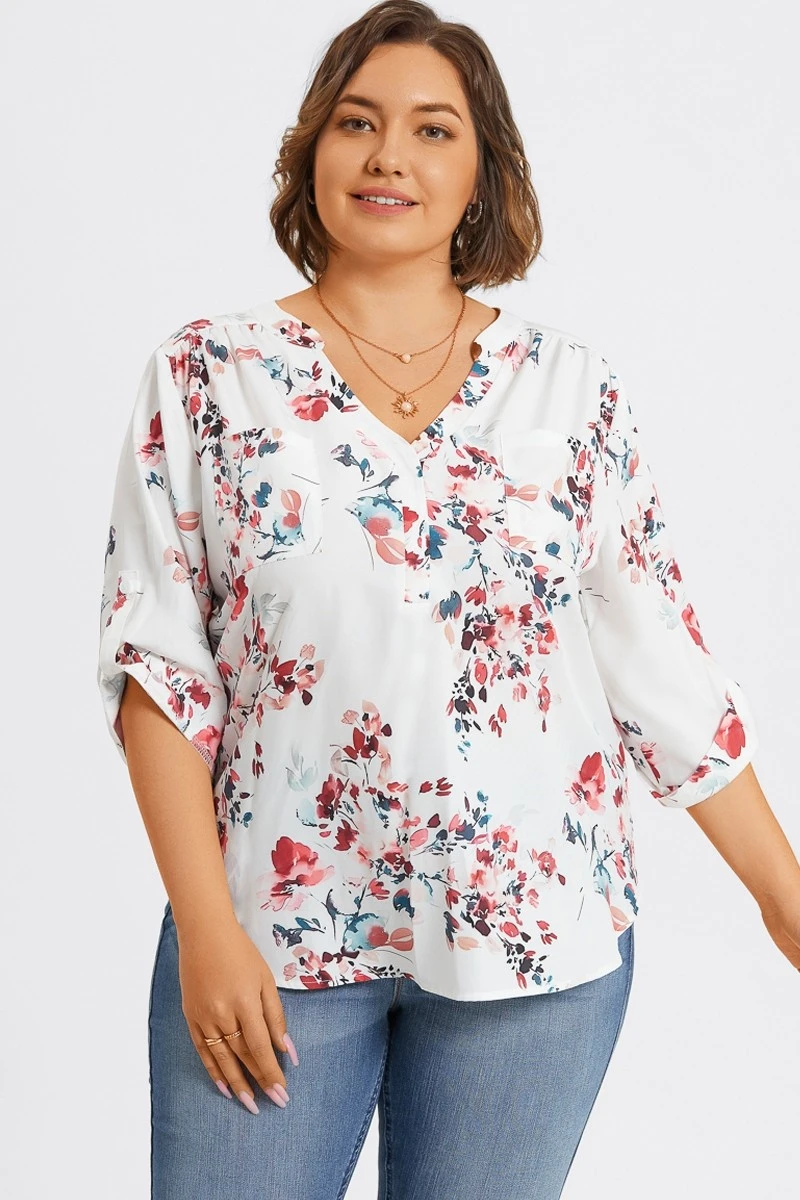 V-Neck Floral Print Pullover 3/4 Sleeve Blouse 3 V-Neck Floral Print Pullover 3/4 Sleeve Blouse