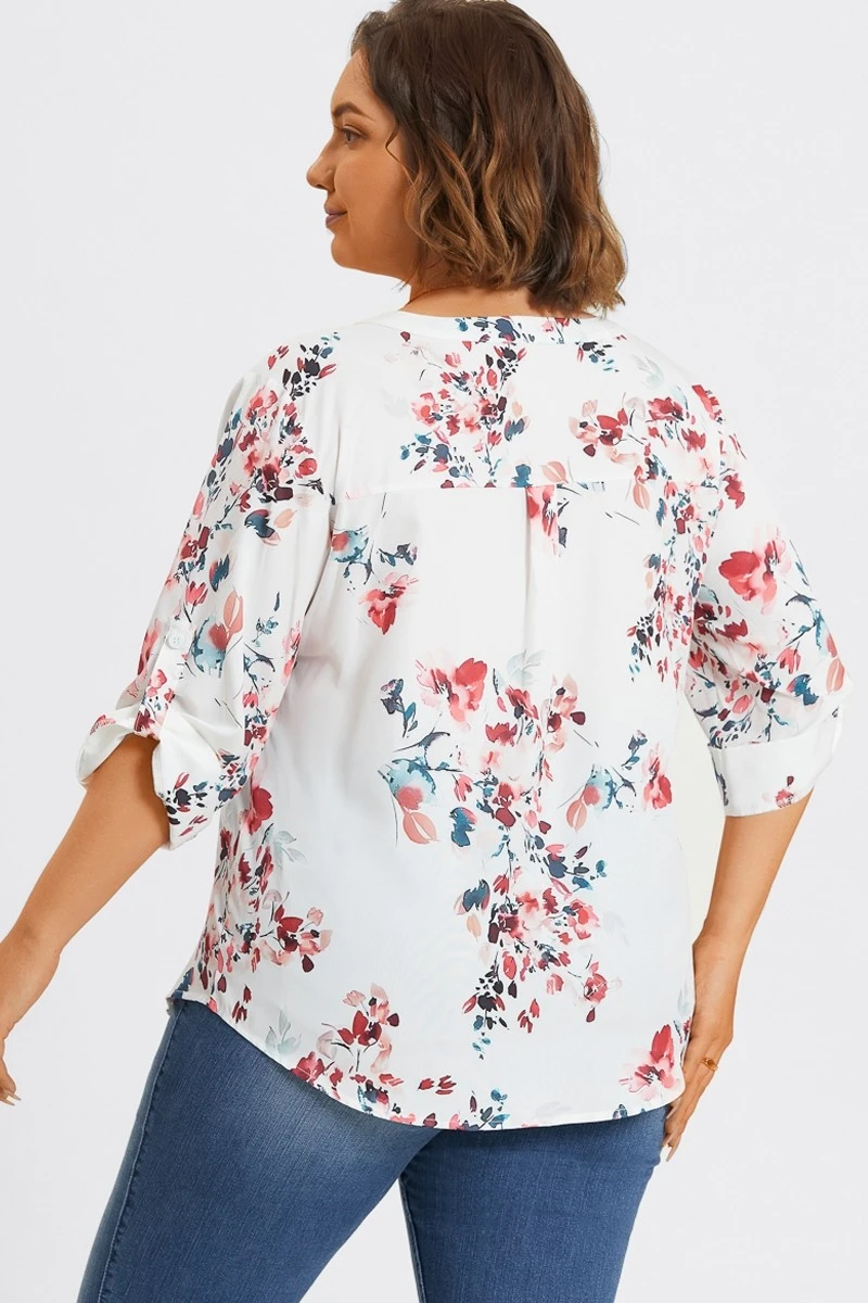 V-Neck Floral Print Pullover 3/4 Sleeve Blouse 4 V-Neck Floral Print Pullover 3/4 Sleeve Blouse - Image 2