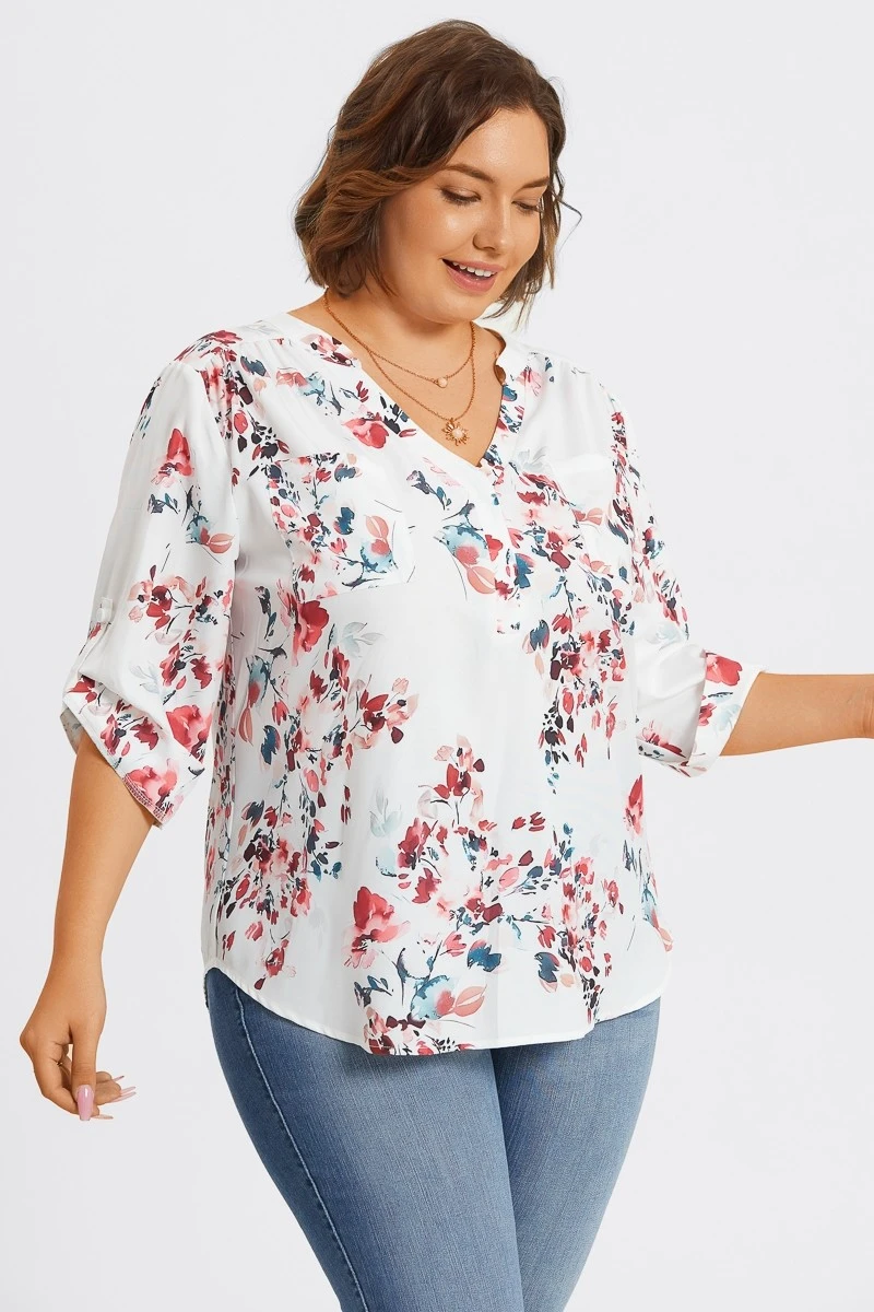 V-Neck Floral Print Pullover 3/4 Sleeve Blouse 6 V-Neck Floral Print Pullover 3/4 Sleeve Blouse - Image 4