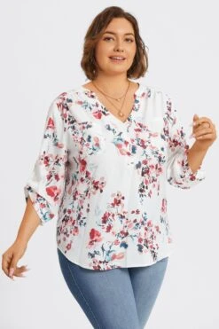 V-Neck Floral Print Pullover 3/4 Sleeve Blouse 13 V-Neck Floral Print Pullover 3/4 Sleeve Blouse -Luna Marina Store c topbc029001 6