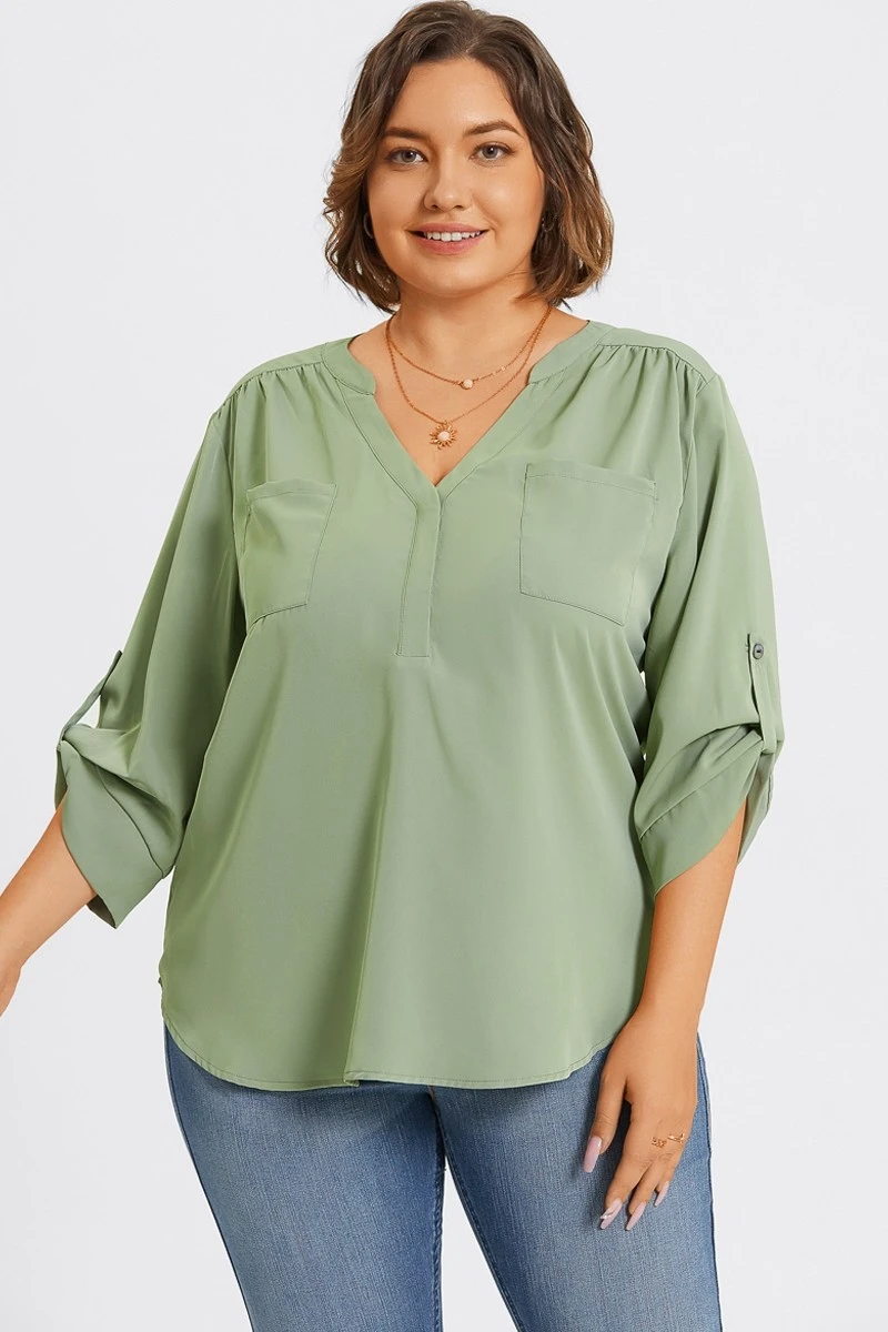 Grey Green V-Neck Pullover 3/4 Sleeve Blouse 3 Grey Green V-Neck Pullover 3/4 Sleeve Blouse