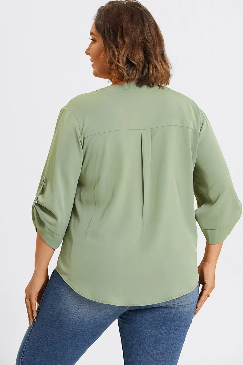Grey Green V-Neck Pullover 3/4 Sleeve Blouse 4 Grey Green V-Neck Pullover 3/4 Sleeve Blouse - Image 2