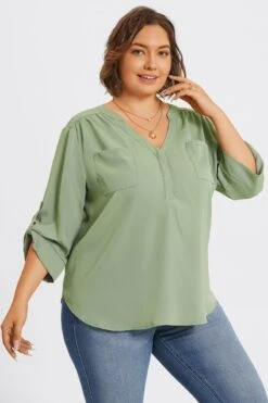 Grey Green V-Neck Pullover 3/4 Sleeve Blouse 11 Grey Green V-Neck Pullover 3/4 Sleeve Blouse -Luna Marina Store c topbc029002 6