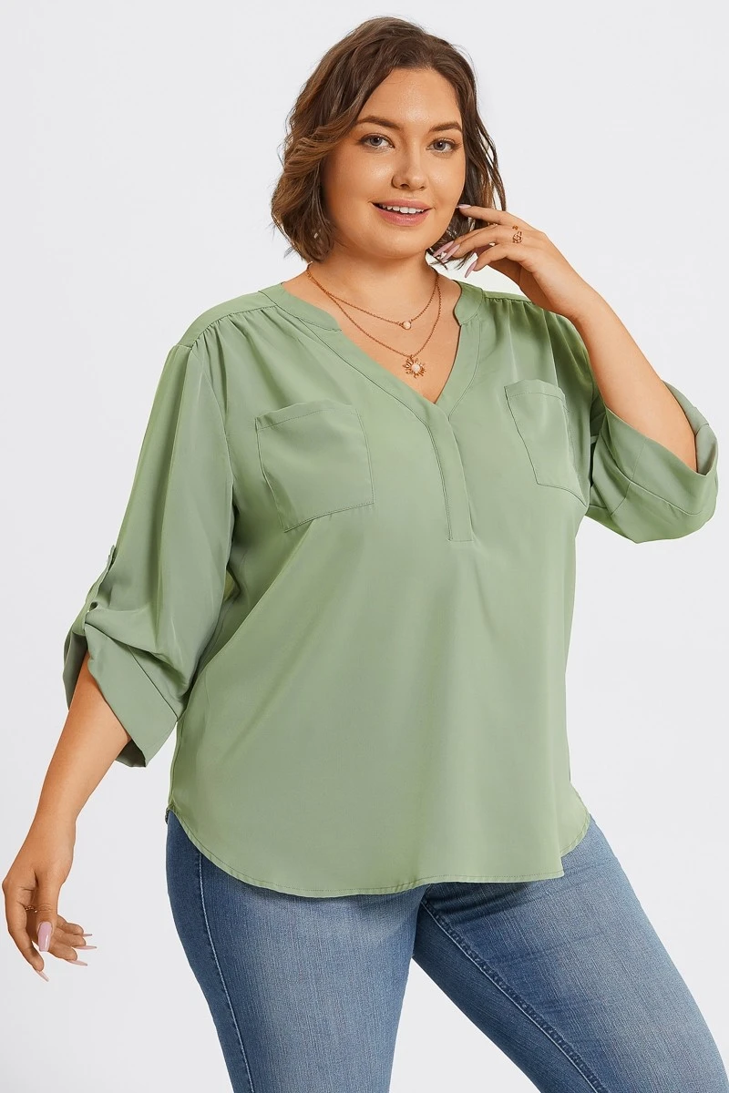Grey Green V-Neck Pullover 3/4 Sleeve Blouse 6 Grey Green V-Neck Pullover 3/4 Sleeve Blouse - Image 4