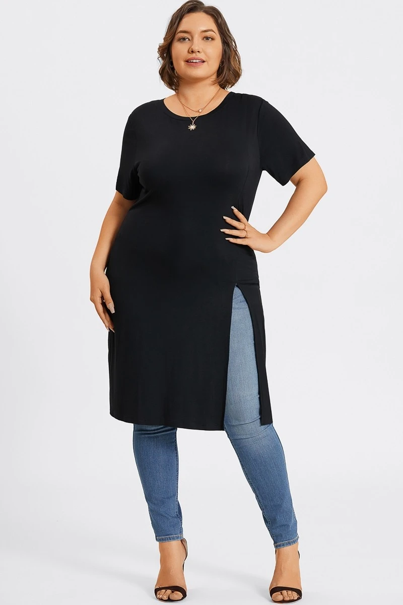 Black Crew Neck Split Front Long Tunic 3 Black Crew Neck Split Front Long Tunic