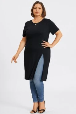 Black Crew Neck Split Front Long Tunic 12 Black Crew Neck Split Front Long Tunic -Luna Marina Store c topbc032001 5