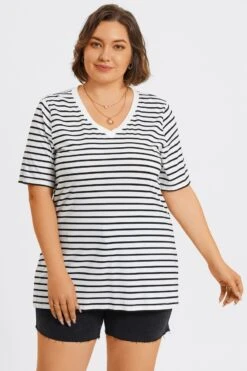 Stripe V-Neck Half Sleeve Side Slit Long Tee 10 Stripe V-Neck Half Sleeve Side Slit Long Tee -Luna Marina Store c topbc033001 3