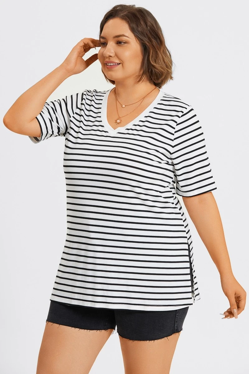 Stripe V-Neck Half Sleeve Side Slit Long Tee 7 Stripe V-Neck Half Sleeve Side Slit Long Tee - Image 5