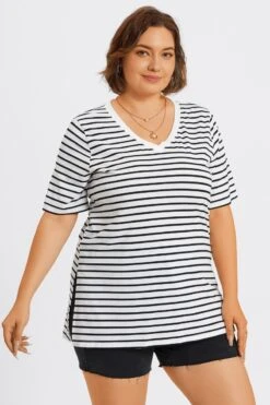 Stripe V-Neck Half Sleeve Side Slit Long Tee 13 Stripe V-Neck Half Sleeve Side Slit Long Tee -Luna Marina Store c topbc033001 6