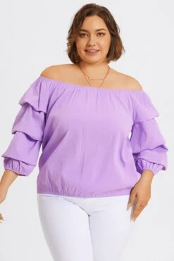 Lavender Off Shoulder Elastic Long Sleeves Top -Luna Marina Store c topbc035001 5