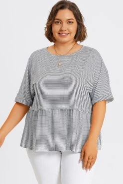 Black & White Stripe Paneled Ruffled Hem Top