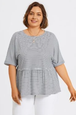 Black ＆ White Stripe Paneled Ruffled Hem Top -Luna Marina Store c topbc036001 3