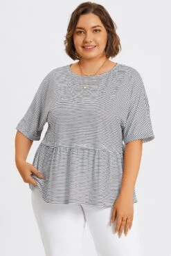 Black ＆ White Stripe Paneled Ruffled Hem Top -Luna Marina Store c topbc036001 4