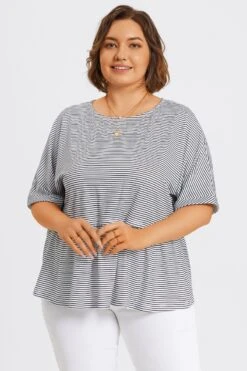 Black ＆ White Stripe Paneled Ruffled Hem Top -Luna Marina Store c topbc036001 5