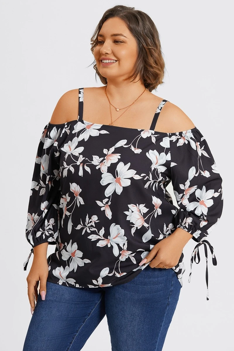 Floral Print Ruffle Knotted Sleeve Cold Shoulder Blouse 6 Floral Print Ruffle Knotted Sleeve Cold Shoulder Blouse - Image 4