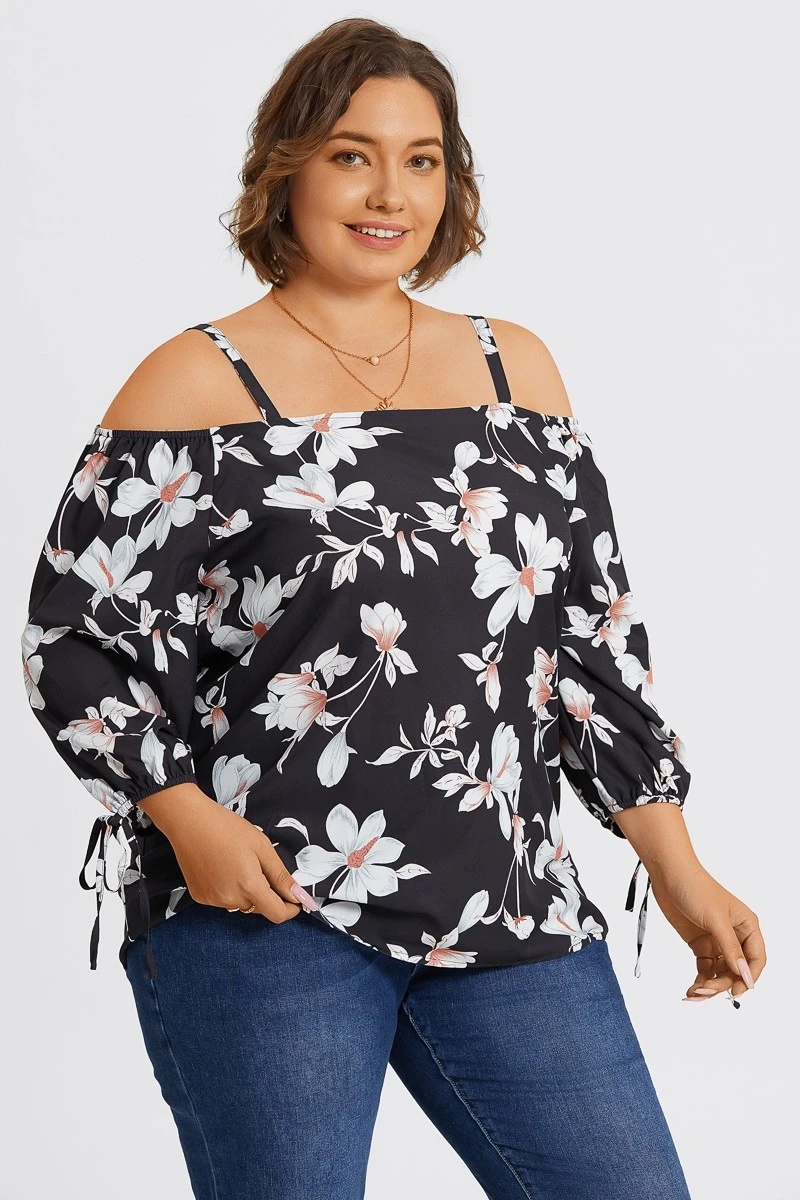 Floral Print Ruffle Knotted Sleeve Cold Shoulder Blouse 7 Floral Print Ruffle Knotted Sleeve Cold Shoulder Blouse - Image 5