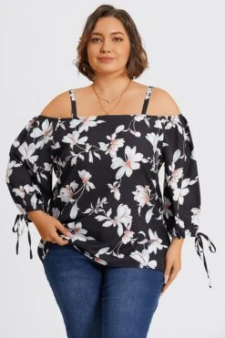 Floral Print Ruffle Knotted Sleeve Cold Shoulder Blouse 13 Floral Print Ruffle Knotted Sleeve Cold Shoulder Blouse -Luna Marina Store c topbc038001 6