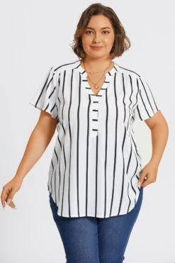 Stripe Crepe De Chine Flutter Short Sleeve Blouse -Luna Marina Store c topbc039001 3
