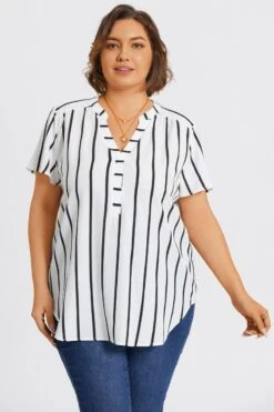 Stripe Crepe De Chine Flutter Short Sleeve Blouse -Luna Marina Store c topbc039001 4